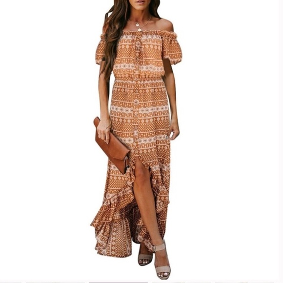 VICI Bohemian Off-Shoulder Maxi Dress - Brown Tan High Low Ruffle Boho Festival - Picture 13 of 13